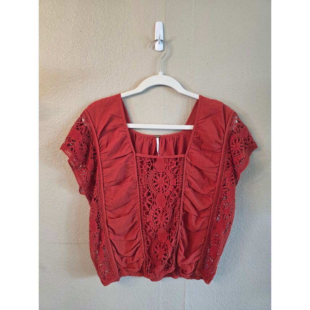 Free People Women's Crochet Lace Panel Top Orange SZ Medium Bohemian Blouse